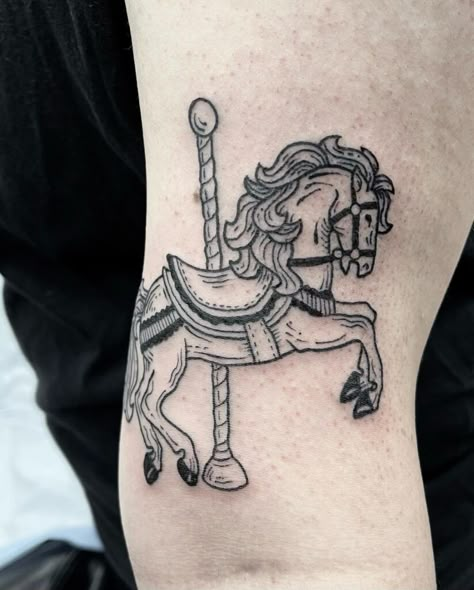 Circus Horse Tattoo, Carousel Pony Tattoo, Carosel Horse Tattoo Vintage, The Carousel Never Stops Turning Tattoo, Horse Chess Piece Tattoo, Old School Horse Tattoo, Carosel Horse Tattoo, Pierce Ideas, Traditional Tattoo Horse