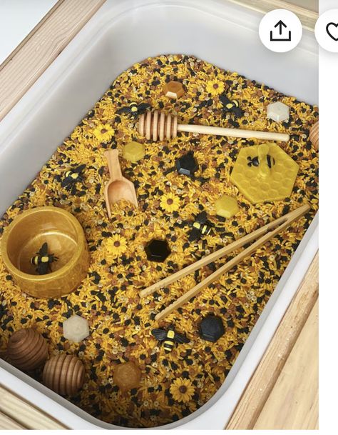 Bees Sensory Play, Insects Sensory Bin, Sunflower Sensory Bin, Sensory Tables For Preschool, Sensory Bin Themes, Dollar Tree Sensory Bin, Back To School Sensory Bin, Preschool Sensory Bins, Pasta Sensory Bin