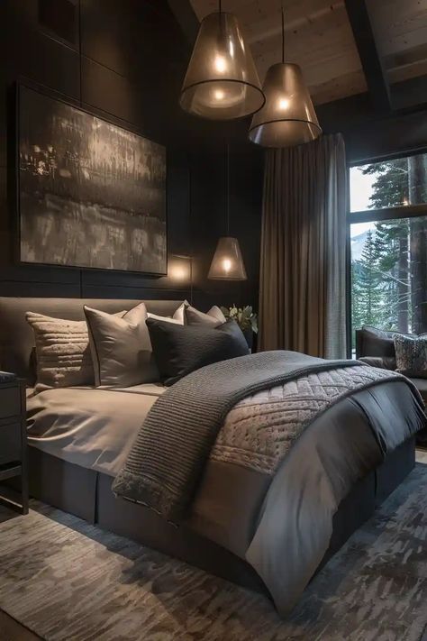 Modern Mountain Bedroom, Dark Bedroom Design, Light And Bright Bedroom, Dark Bedrooms, Luxurious Bedroom Design, Man Bedroom, Moody Style, Men's Bedroom, Bold Bedroom