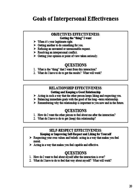 Goals of Interpersonal Effectiveness - DBT SKILLS APPLICATION SELF-HELP Dbt Skills Worksheets, Social Work Interventions, Dbt Therapy, Interpersonal Effectiveness, Interpersonal Conflict, Dbt Skills, Interpersonal Communication, Relationship Skills, Dialectical Behavior Therapy