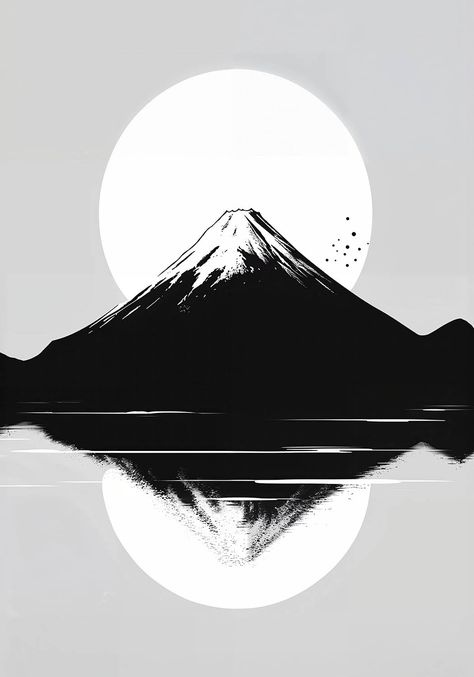 Minimalist black and white poster featuring Mount Fuji with a full moon and its reflection in a lake. Japan Art Aesthetic, Japanese Art Black And White, Iphone Minimalist Wallpaper, Black Things, White Wallpapers, Mountain Poster, White Aura, Japanese Minimalist, Zen Painting