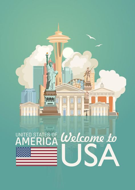 Welcome to USA. United States of America poster with american sightseeings with mirror effect. Vector illustration about travel. In colorful design. American stock illustration United States Illustration, America Wallpaper Usa, American Culture United States, United States Wallpaper, Usa Drawing, Welcome To Usa, America Illustration, Wallpaper Usa, Usa Illustration