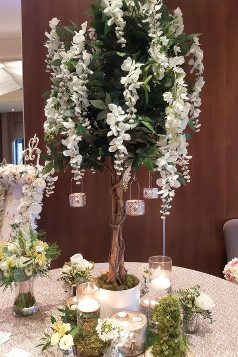 Wedding tree centrepieces - wisteria tree hire - cheshire weddings - Laurel Weddings - www.laurelweddings.com White Wedding Flowers Centerpieces, Tiana Wedding, Tree Wedding Centerpieces, Wisteria Wedding, Wedding Tree Decorations, Wooden Centerpieces, Silk Wedding Flowers, Wisteria Tree, Wedding Tree