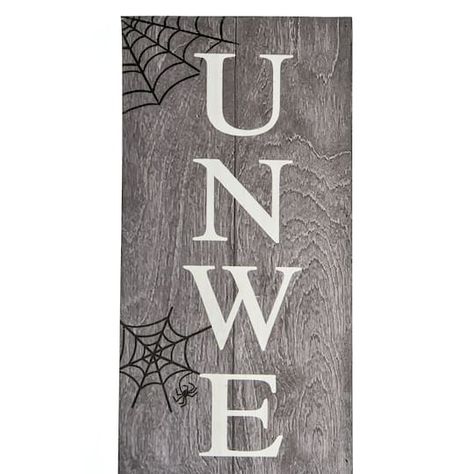 "Purchase 39\" Halloween “Unwelcome\" Porch Sign With Spider Webs at Michaels. com. Get in the Halloween season spirit with this not so welcoming porch decoration. Get%20in%20the%20Halloween%20season%20spirit%20with%20this%20not%20so%20welcoming%20porch%20decoration.%20It%20is%20constructed%20of%20lightweight%20composite%20wood%20material%20with%20the%20words%20%22Unwelcome%22%20stacked%20vertically%20over%20a%20script%20lettered%20%22Just%20go%20away%21%22%20to%20punctuate%20the%20message.%20Th Wooden Turkey, Halloween Porch Decorations, Spider Webs, Halloween Porch, Porch Sign, A Script, Script Lettering, Wooden Wall Decor, Halloween Pictures