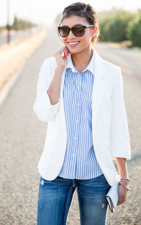 Summer Blazer Outfits, White Blazer Outfit, White Blazer Outfits, White Blazer Women, Street Style 2015, Ivory Blazer, White Blazers, Outfit Elegantes, Spring Blazer