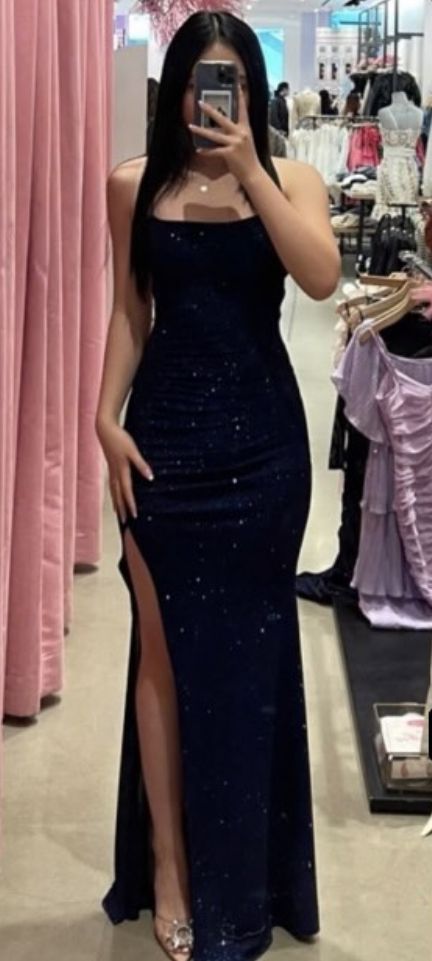 Navy Blue Prom Dresses Long, Middle School Prom Dresses, Blue Grad Dresses, 8th Grade Prom Dresses, Winter Prom Dresses, Prom Dress With Split, Blue Sparkly Dress, Navy Blue Prom Dress, Navy Prom Dresses