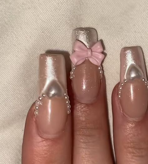 Ribbon Bow Nails, Croquette Nails Aesthetic, Coquette Nails Square, Couqutte Nails, Kawaii Nail Art Korean, Pink Coquette Nails, Balletcore Nails, Croquette Nails, Pretty Gel Nails