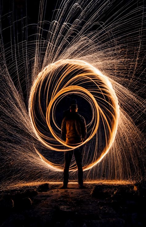 man spinning steel wool Wool Photography, Light Trail Photography, Steel Wool Photography, Light And Shadow Photography, Light Painting Photography, Photography Settings, Motion Photography, Time Lapse Photography, Digital Art Photography