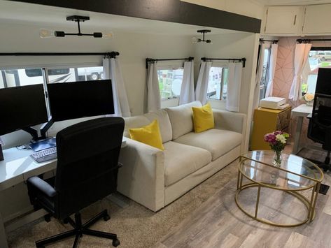 7 RV Desk Ideas: Inspiration for Your RV Office | RV Inspiration Rv Dinette Remodel, Rv Desk Ideas, Rv Desk, Rv Office, Rv Dinette, Rv Inspiration, Dining Booth, Rv Furniture, Rv Interior Remodel