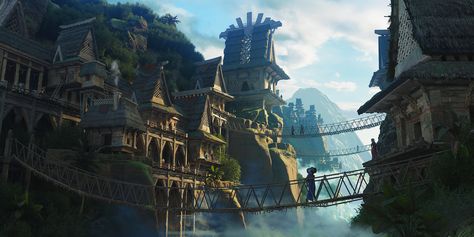 ArtStation - Ciudad de Sierra de la Plata - Village in the Cliffs Geometry Nodes, Rope Bridge, Fantasy Village, Dungeons And Dragons, Geometry, Concept Art, Bridge, Jordan, Art Design