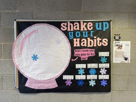 Winter bulletin board idea for new years resolutions Penny Wars Bulletin Board, High School Display Boards, Winter Mental Health Bulletin Board, Ra College Bulletin Boards, Winter Bulletin Board Ideas For Work, Ra Christmas Bulletin Boards, About Me Ra Board, Break Room Bulletin Board Ideas, Winter Break Bulletin Board