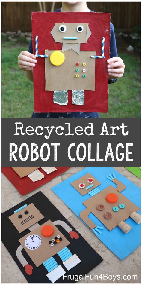 Cardboard Robot Collage - Frugal Fun For Boys and Girls Cardboard Collage, Cardboard Robot, Robot Craft, Robot Theme, Kids' Crafts, Recycled Art, Cardboard Crafts, Stem Activities, Recycled Crafts