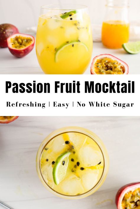 View on a passion fruit mocktail. Pineapple Juice Mock Tail, Mocktails Non Alcoholic With Pineapple Juice, Passion Fruit Syrup Cocktails, Passion Fruit Mocktails Non Alcoholic, Passion Fruit Juice Recipe, Passionfruit Mocktail Recipe, Passion Fruit Mocktail Recipe, Passion Fruit Drinks, Mocktail Healthy