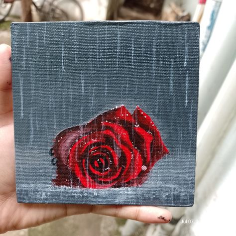 Red Rose Acrylic Painting, Raining Painting Acrylic, Acrylic Painting Rose, Painting Ideas On Canvas Red, Red Aesthetic Painting, Rain Canvas Painting, Rain Painting Acrylic, Rose In Rain, Red Paintings Canvas