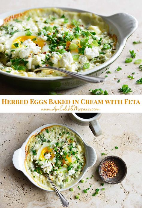 Herbed Eggs Baked in Cream with Feta Recipe Pin Raw Egg Recipes, Unique Egg Recipes, Healthy Recipes With Eggs, Yacht Food, Fancy Eggs, Feta Recipe, Ways To Cook Eggs, Baked Eggs Recipe, Gratin Dish