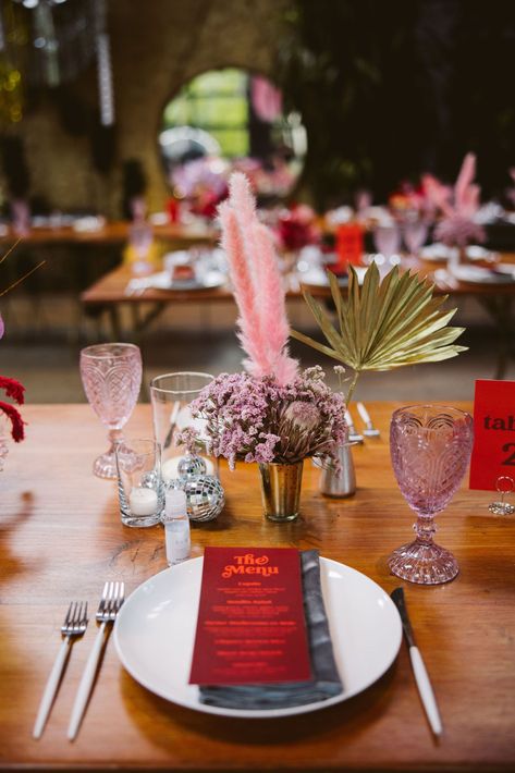 disco inspired wedding reception at Millwick in DTLA #DTLAwedding #colorfulweddingplanner #losangelesweddingplanner Tropical Disco Wedding, Disco Table, Deep Red Wedding, Tropical Disco, Silver Wedding Dress, Heart Wedding Cakes, Colorful Weddings, Disco Wedding, Colorful Arrangements