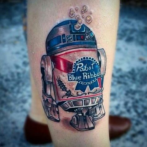 Pabst Blue Robot Pbr Tattoo, Blue Ribbon Tattoo, R2d2 Tattoo, Pbr Beer, Beer Tattoos, Tattoo Lounge, Beer Memes, Movie Tattoo, Ribbon Tattoos