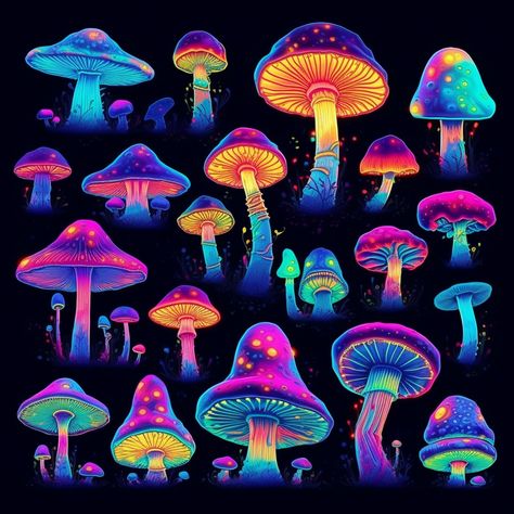 Neon Mushroom Painting Easy, Psycodelic Mushrooms, Colorful Mushroom Art, Neon Mushroom Wallpaper, Neon Mushroom Painting, Trippy Mushroom Painting, Space Mushroom, Trippy Painting Ideas Creative Mushroom, Neon Mushroom