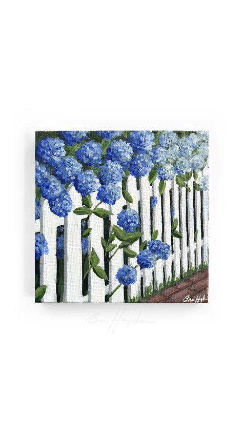 https://www.briehayden.com/minipaintings?pgid=l7f4ktc0-6021e536-3fda-4bf3-9185-75af9410ef65 Picket Fence Painting, Fence Painting, Simple Painting Ideas, Hydrangeas Art, Painting Series, Blue Hydrangeas, Cottage Garden Design, White Picket Fence, Fence Paint