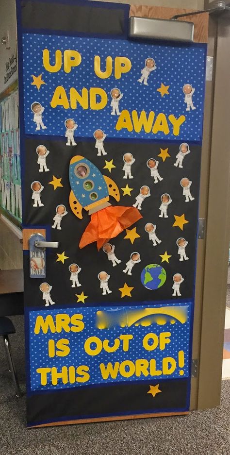 Outer Space Door Decoration, Space Theme Hallway, Space Door Decorations Classroom, Teacher Appreciation Decorations, Space Window, Space Theme Classroom, Space Theme Preschool, Teacher Appreciation Doors, Space Classroom