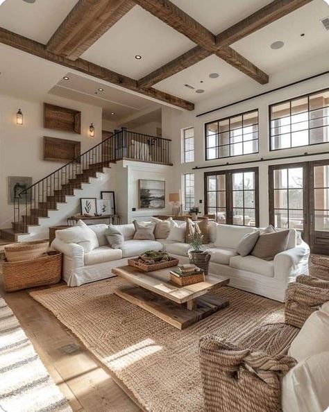 Houses With Tall Ceilings, Modern Day Houses Interior, Natural Color House Interior, Wood House Aesthetic Interior, White And Wood House Interior Design, White Interior With Wood Accents, House Design White And Wood, White House Ideas Interiors, Contemporary Country Home Interiors