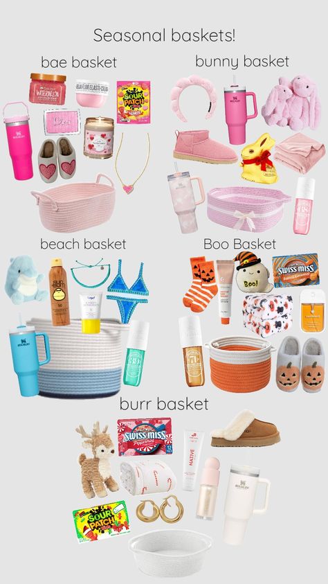 Seasonal basket! #love#bunny#beach#boo#burr Girly Gifts Ideas, Making A Gift Basket, Birthday Presents For Friends, Preppy Gifts, Holiday Baskets, Birthday Basket, Cool Gifts For Teens, Cute Birthday Ideas, Cute Gifts For Friends