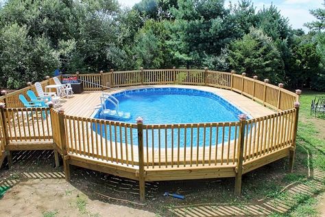 18'x33' Oval above ground pool with full surround deck Above Ground Pool Fence, Oval Above Ground Pools, Oberirdischer Pool, Above Ground Pool Deck, Oval Pool, Pool Deck Plans, Best Above Ground Pool, Swimming Pool Decks, Above Ground Pool Landscaping