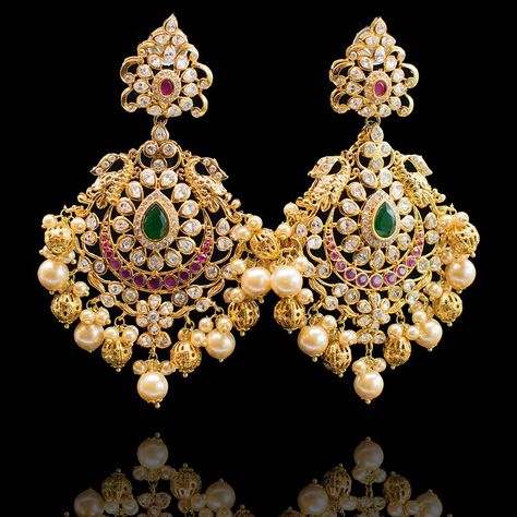 Big Earrings Gold, Earrings Chandbali, Kalamkari Dresses, Bridal Diamond Necklace, Lakshmi Devi, Long Haram, Stones Earrings, Simple Frocks, Gold Earrings Models