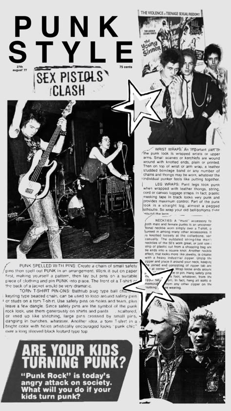 #punk #70spunk #sexpistols #theclash #vivienwestwood Punk Movement 70s, Punk Newspaper Background, 80s Punk Poster, Punk Layout Design, Punk Magazine Design, Punk Rock Magazine, Punk Zine Layout, Punk Advertising, Punk Show Poster