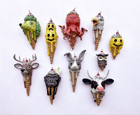 Hand sculpted ceramic ice cream cones by Ashley Bevington #ceramics #ceramicsculpture #ceramicfood #clayartist #wafflecone #icecream #melting #handbuilding #handbuiltceramics Ice Cream Sculpture, Ceramic Ice Cream Cone, Pottery Classes, Ceramic Animals, Ceramics Pottery Art, Pottery Pieces, Ice Cream Cone, Air Dry Clay, Handmade Pottery