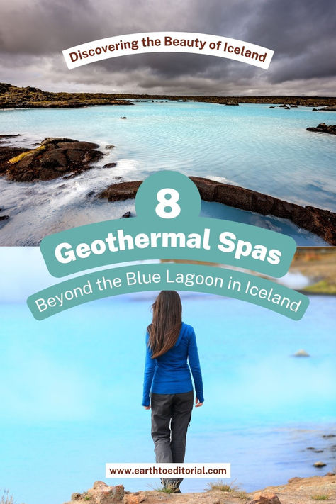 A collage of a woman standing in front of the geothermal waters in Iceland. Sky Lagoon Iceland, Secret Lagoon Iceland, Things To Do In Iceland, Lagoon Iceland, Iceland Travel Guide, Iceland Itinerary, Iceland Travel Tips, Blue Lagoon Iceland, Thermal Baths