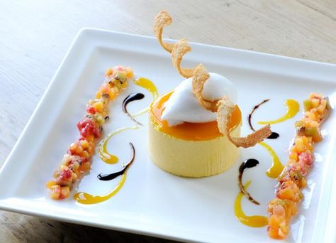 What could be better for a summers day dessert, than this parfait recipe from Mark Dodson which serves a mango parfait with coconut sorbet Mango Parfait, Parfait Recipe, Coconut Sorbet, Patisserie Fine, Fine Dining Desserts, Great British Chefs, Parfait Recipes, Dessert Plating, Sorbet Recipes