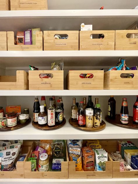 PANTRY UPDATE🥫🧂 We added bamboo and water hyacinth bins to contain all the dry goods, and lazy Susans for easy access to all the sauces.  #thelittledetails #lifemadesimple #getorganized #professionalorganizer #organization #declutter #home #homeorganizing #organizedhome #inspiration #homesweethome #interiors #organize #tidyup #organizeyourlife #organizedneatly #pantry Pantry Sauce Organization, Bamboo Pantry Organization, Pantry Drink Organization, Sauces Organization, Sauce Organization, Bee Organization, Pantry Update, Pantry Organisation, Pantry Shelves