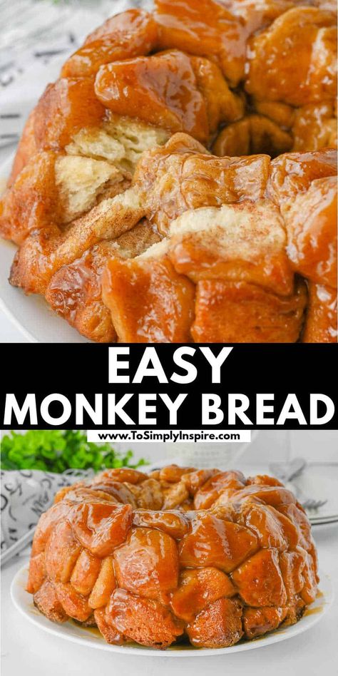 This easy monkey bread, made with canned biscuit dough and coated in buttery cinnamon sugar glaze, is a fun pull-apart treat that my family loves.  Whether you're just want a fun breakfast treat for weekends, holidays like Christmas morning or just a dessert for a crowd, this delicious monkey bread perfection! Easy Monkey Bread Recipe, Biscuit Monkey Bread, Monkey Bread Recipe Easy, To Simply Inspire, Dessert For A Crowd, Easy Monkey Bread, Canned Biscuit, Best Breads, Monkey Bread Recipe