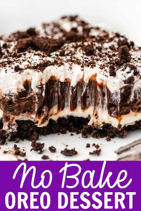 This easy No Bake Oreo Dessert is an irresistible mix of whipped cream, chocolate pudding, Oreo cookies, and a rich cream cheese filling all stacked on an Oreo crust. This is a total crowd pleaser and is one of my family's favorite desserts! Oreo Ice Cream Dessert Frozen, Oreo Dessert Healthy, Oreo Dirt Dessert Recipe, Office Dessert Ideas, Oreo Fluff Dessert Cool Whip, Easy Oreo Dirt Cake, Easy Cheap Desserts, Oreo Layer Dessert, Oreo Dessert Recipes Easy