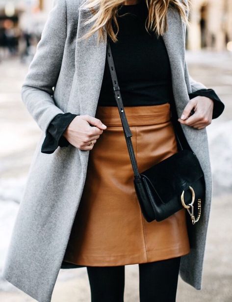 Yes! Daily Dress Me, Brown Leather Skirt, Fall Fashion Coats, Street Style Bags, Gray Coat, Peplum Tops, Fashion Jackson, Trendy Skirts, Grey Coat