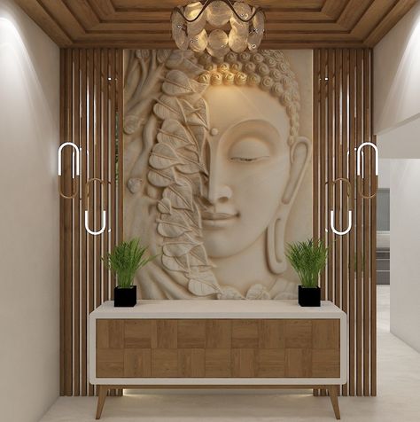 Tv Unit With Buddha Statue, Office Entrance Design Entryway, Buddha Interior Design, Buddha Decor Entryway, Foyer Design Modern Entrance, Foyer Wall, Modern Tv Room, Entrance Wall, Indian Wall Art