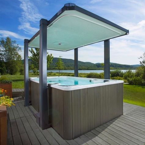 Whirpool Outdoor, Spa Cover Lifter, Whirlpool Deck, Swim Spa Landscaping, Spa Landscaping, Spa Cover, Hot Tub Swim Spa, Endless Pool, Hot Tub Deck