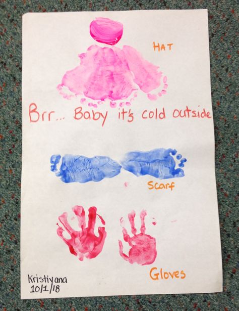 Brrr... it’s cold outside. Let’s stay warm together. Kristiyana and I had fun painting little gloves, hat and scarf with her feet. It’s a fun little to activity to do with your little one. You can even talk to them about the weather and the importance of dressing warm :) #christmas #crafts #kidsactivities #preschool #art #kidscrafts Weather Crafts Infants, Scarf Craft Preschool, Cold Weather Activities For Toddlers, Weather Infant Crafts, Weather Infant Art, Infant Winter Crafts, Mittens Art For Toddlers, Winter Crafts For Infants, Toddler Mitten Activities