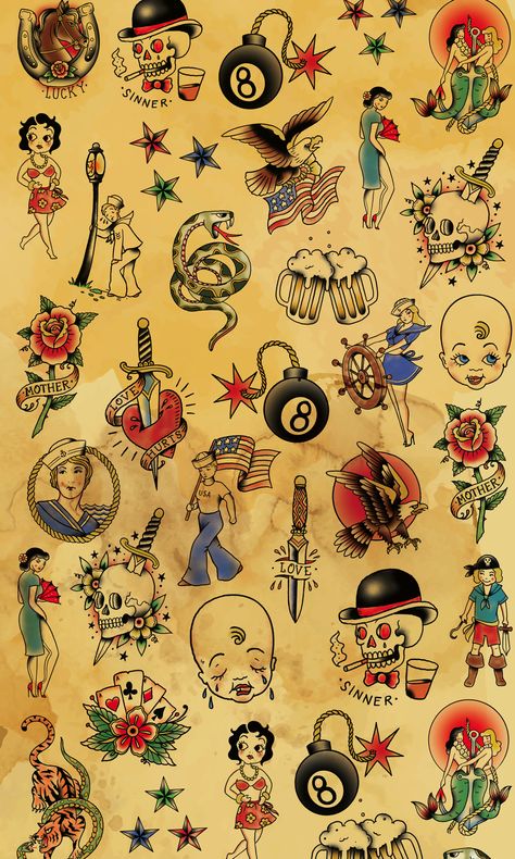 American Traditional Tattoo Wallpaper, American Traditional Wall Art, American Traditional Tattoo Designs Men, American Traditional Wallpaper Iphone, Old School American Tattoo, American Traditional Wallpaper, Old Tattoos Vintage, Traditional Old School Tattoo Flash, Americana Tattoo Traditional