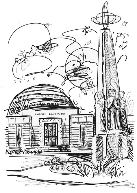 Griffith Observatory Tattoo, Griffin Observatory, Los Angeles Drawing, Los Angeles Illustration, Griffith Observatory, Sketches Easy, S Tattoo, Moon Tattoo, Pencil Sketch