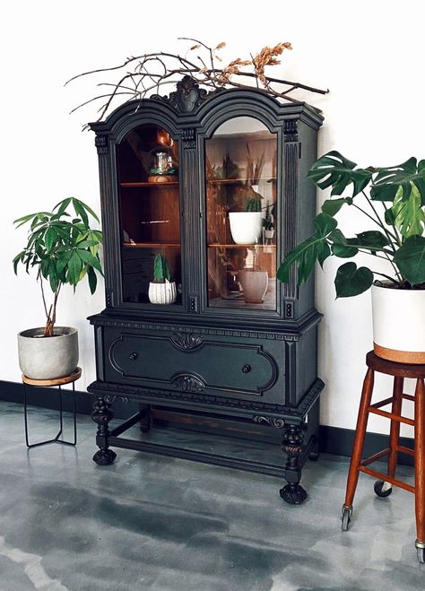 Gothic Display Cabinet, Black China Cabinet, Repurposed China Cabinet, Modern China Cabinet, China Cabinet Decor, Black Dining Room Table, Thrifted Furniture, Antique China Cabinets, Painted China Cabinets