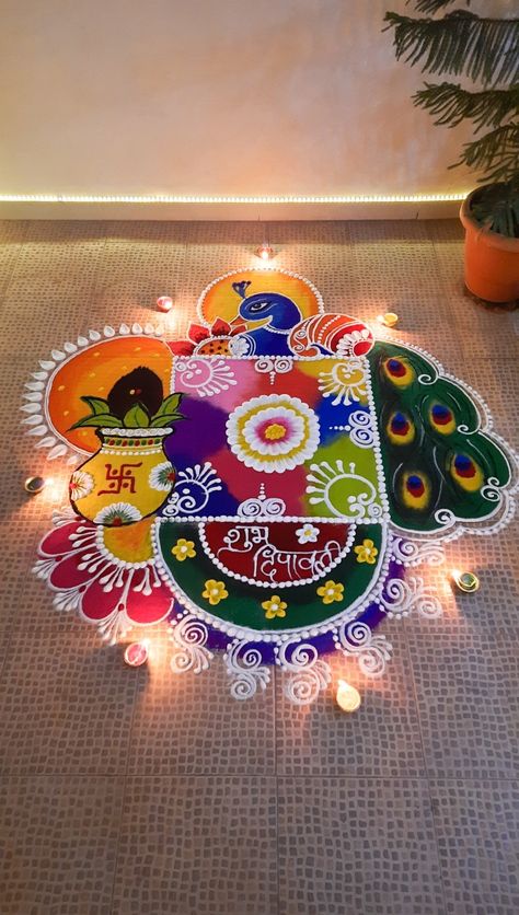 Rupchavdas Rangoli, Flower Color Rangoli Designs, Tough Rangoli Designs, Rangoli Design Big Rangoli Designs, Big Rangoli For Diwali Festivals, Diy Diwali Rangoli Designs, Unik Rangoli Designs, Dhantarsh Rangoli, Diwali Beautiful Rangoli