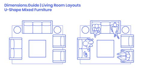 U-Shape Mixed Furniture Dimensions & Drawings | Dimensions.Guide U Shaped Living Room Layout, Living Room Dimensions Layout, Mixed Furniture, U Shaped Living Room, Modern Family Rooms, Living Room Layout, Living Room Furniture Layout, Furniture Dimensions, Living Room Dimensions