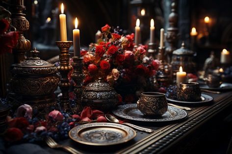 Dive Into the Enigmatic Allure of Dark Academia Forbidden Knowledge, Elegant Dining Table, Glass Of Red Wine, Vampire Aesthetic, Aged Wood, Lost In Thought, Ornate Furniture, Aging Wood, Candle Flames