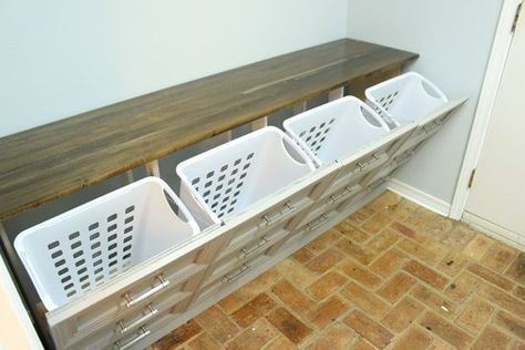 How to build a 4 hamper laundry sorter that looks like a dresser! How To Build Tilt Out Laundry Hamper, Dresser In Laundry Room Ideas, Hamper Dresser, Laundry Room Hamper, Tilt Out Laundry Hamper, Laundry Basket Storage, Room Storage Diy, Storage Dresser, Laundry Sorter