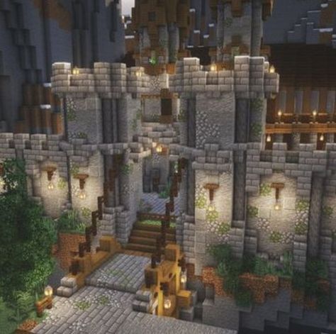 Minecraft Castle Bridge Ideas, Minecraft Castle Drawbridge, Castle On Mountain Minecraft, Minecraft Castle Village Ideas, Castle Template Minecraft, Medieval Kingdom Minecraft, Minecraft Castle Pillar, Cobblestone Castle Minecraft, Castle On Hill Minecraft