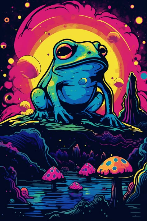 Discover the enchanting world of the Frog Art Poster. With its trippy and mystical design, this poster captures the essence of imagination and wonder. Featuring a fantasy mushroom landscape, it adds a touch of magic to your bedroom decor. Let the captivating visuals transport you to a mysterious realm, filled with whimsical charm. Elevate your space with this mesmerizing wall hanging and immerse yourself in the allure of this intriguing frog art. Trippy Wall Paintings, Thanksgiving Skeleton, Mushroom Landscape, Mushroom Land, Diamond Mask, Mysterious Art, Trippy Posters, Fantasy Mushroom, Mushroom Tattoo