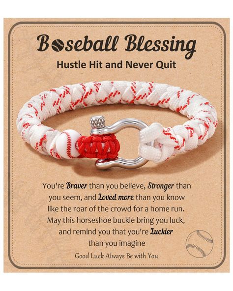 PRICES MAY VARY. [ Baseball Accessories ] Celebrate a special day with this thoughtful Baseball Bracelet. Combining two powerful symbols in one stylish accessory.Manufacturer_minimum_age should be over 3 [ Baseball Party Favors ] This bracelet is a meaningful gift for baseball players, baseball teams, baseball fans, sons, grandsons, friends, teen, and yourself on birthday [ Material ] Made from Red and White braided cord and a Baseball charm, this bracelet is both stylish and comfortable to wear. It is easy for youth to put on and take off [ Adjustable Size ] This bracelet features a horseshoe clasp, fitting wrist sizes from 8 - 9 inches, fit for a variety of wearers, and makes this bracelet a suitable choice for any occasion [ After Sales Service ] HGDEER is committed to providing you wit Baseball Party Favors, Baseball Team Gift, Horseshoe Bracelet, Baseball Accessories, Baseball Bracelet, Gifts For Baseball Lovers, Powerful Symbols, Gifts For Baseball Players, Baseball Teams