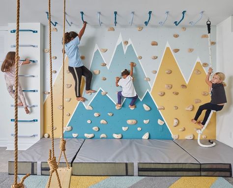 Active Playroom, Kids Indoor Gym, Climbing Wall Kids, Indoor Climbing Wall, Indoor Playroom, Boys Play, Basement Playroom, Kids Basement, Kids Gym